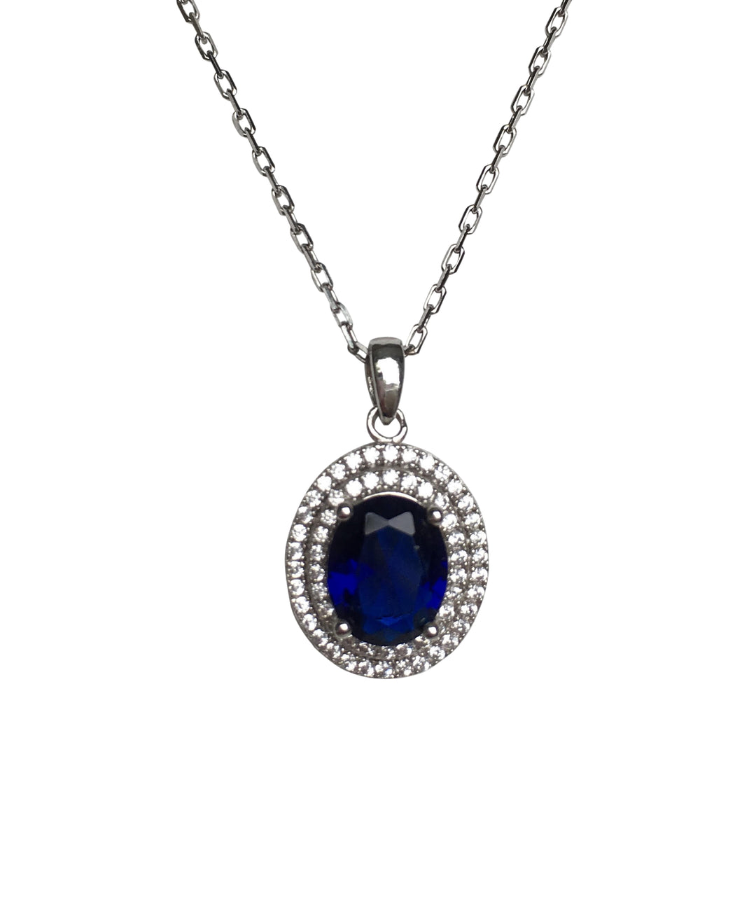 Sterling Silver Pendant with cubic zirconia sapphire centre stone on 18